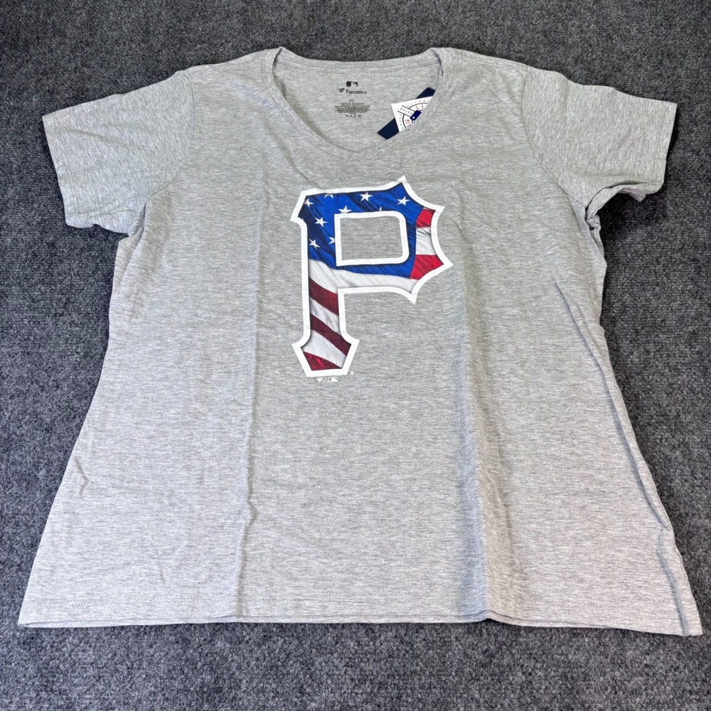 Fanatics Pittsburgh Pirates MLB T-Shirt Womens 2XL Gray V-Neck USA Flag NWT